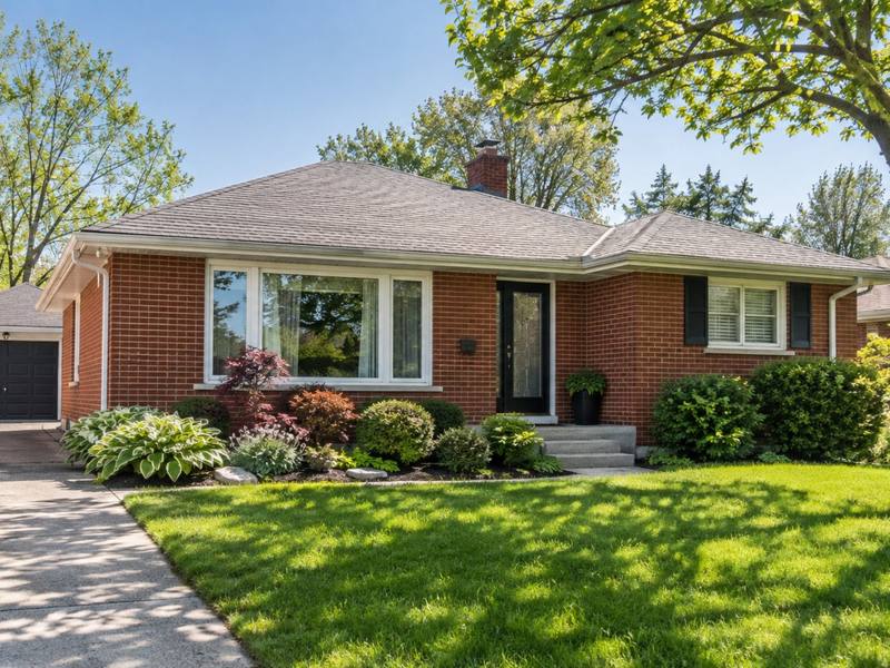 Brick bungalow with a detached garage on a sunny street in Cambridge