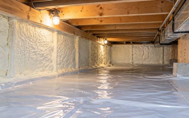 Crawl space walls sprayed with foam above a poly ground cover