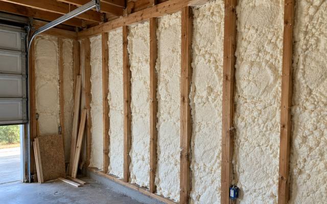 Garage with spray foam filling the stud walls in Cambridge