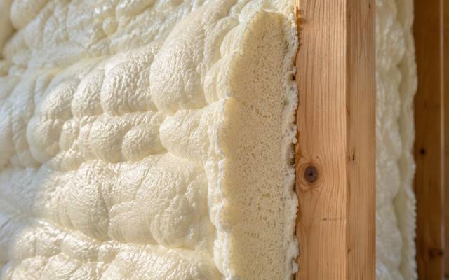 Close view of cured spray foam in a wall cavity in Cambridge