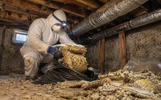 Old insulation being bagged out of a basement