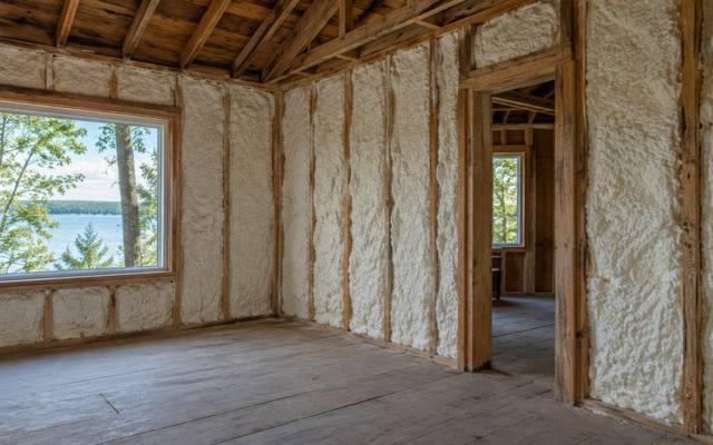Opened walls in an older house filled with spray foam